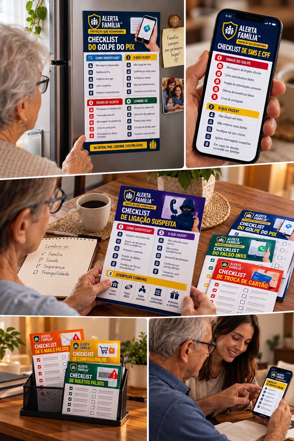 Materiais do Alerta Família sendo consultados no celular e utilizados impressos em casa