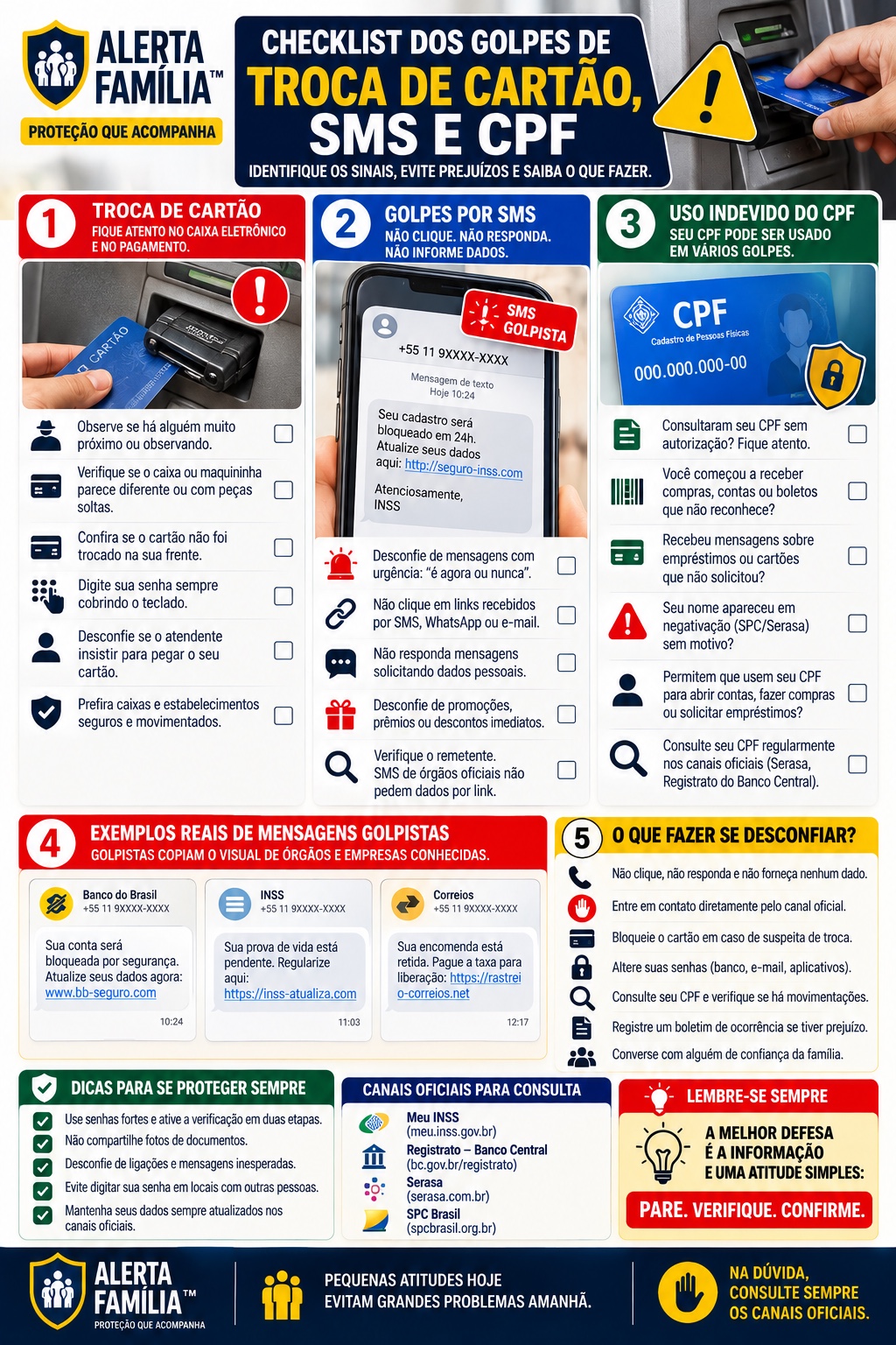 Checklist dos golpes da troca de cartão, SMS e CPF