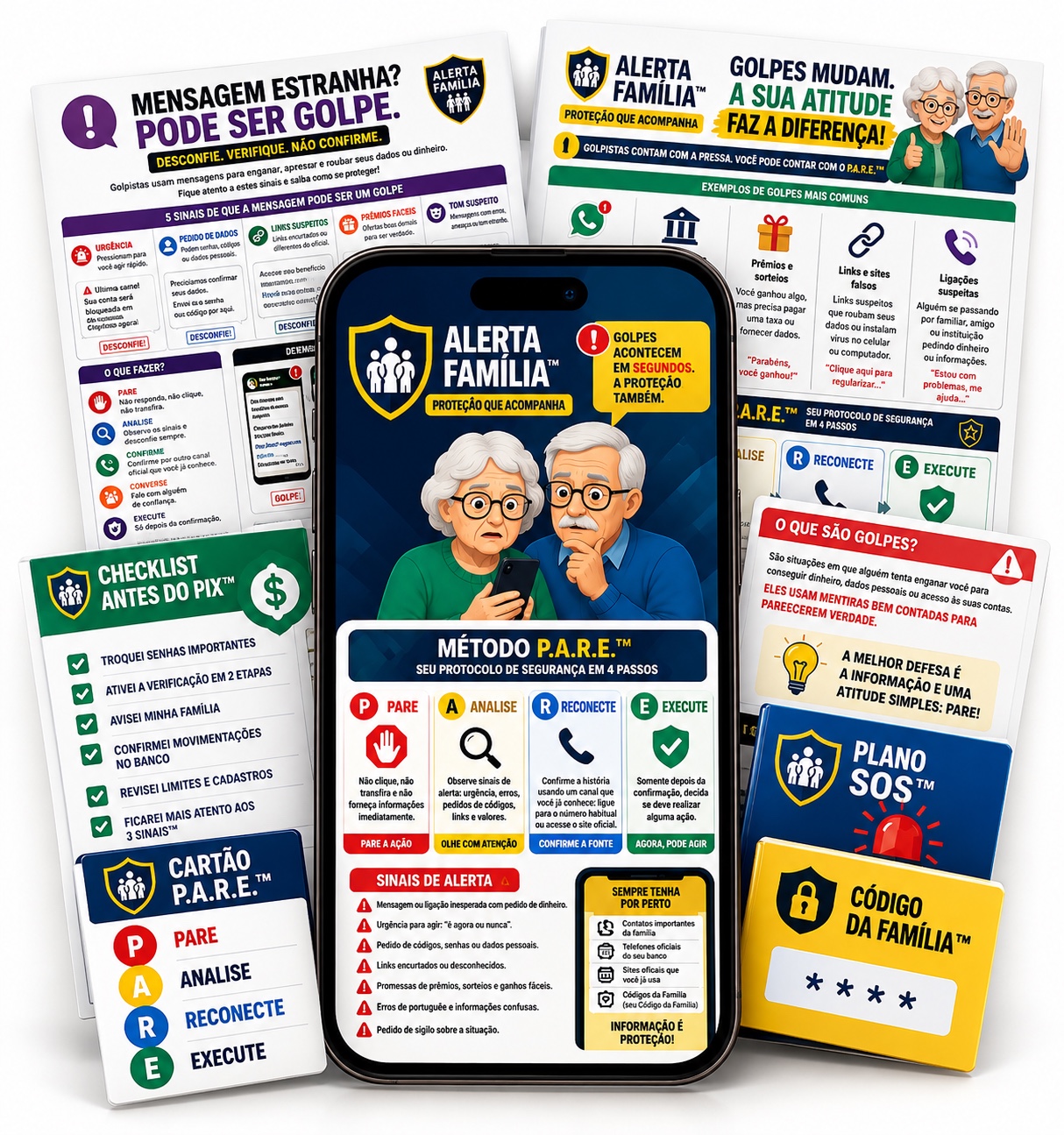 Kit digital Alerta Família com smartphone, guias, cartões e checklists